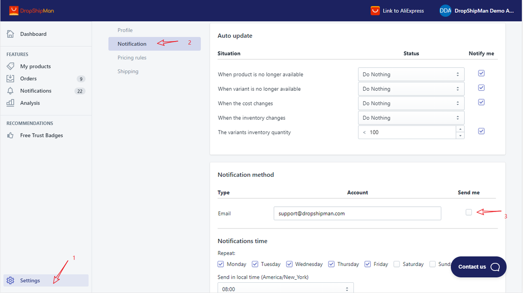 setting email notification_dropshipman